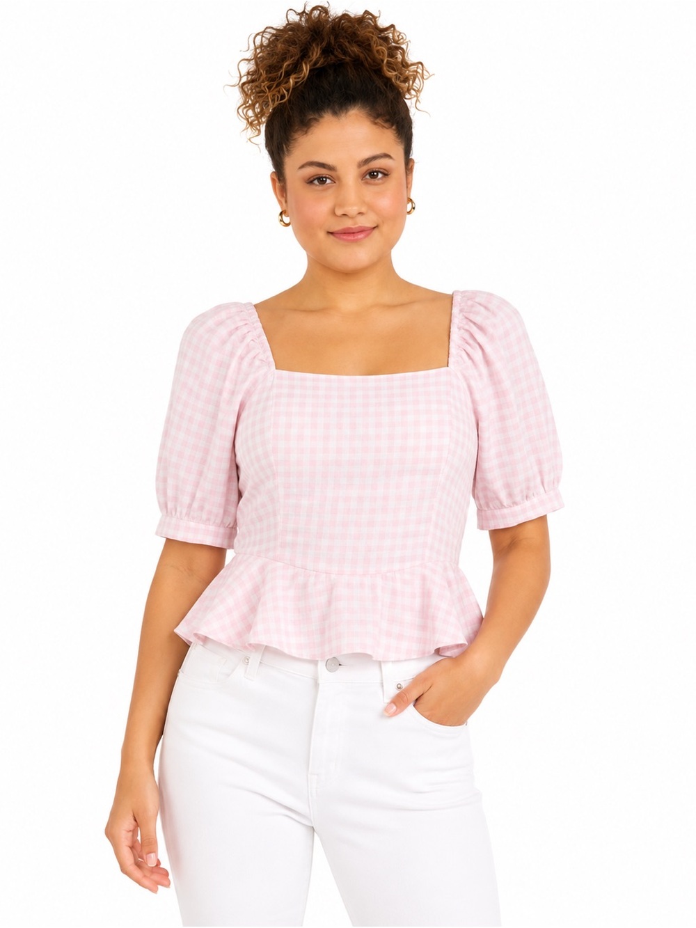 Draper James Square Neck Pink Gingham Peplum Linen Top - Size XS